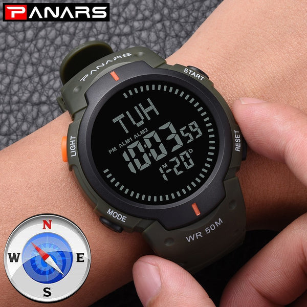 Male Waterproof Digital Wrist Watch With Compass and Stopwatch